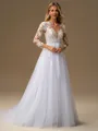 A-line Scoop Long Sleeves Appliques Lace Court Train Tulle Wedding Dress