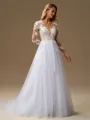 A-line Scoop Long Sleeves Appliques Lace Court Train Tulle Wedding Dress