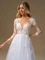 A-line Scoop Long Sleeves Appliques Lace Court Train Tulle Wedding Dress
