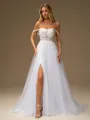 A-line Off-the-Shoulder Appliques Lace Court Train Tulle Corset Wedding Dress