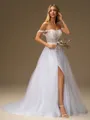 A-line Off-the-Shoulder Appliques Lace Court Train Tulle Corset Wedding Dress