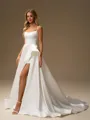 A-line Spaghetti Straps Chapel Train Satin Wedding Dress
