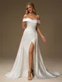 Sheath Off-the-Shoulder Pleated Chapel Train Satin Convertible Wedding Dress