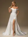 Sheath Off-the-Shoulder Pleated Chapel Train Satin Convertible Wedding Dress