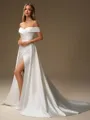 Sheath Off-the-Shoulder Pleated Chapel Train Satin Convertible Wedding Dress