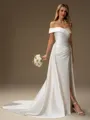 Sheath Off-the-Shoulder Pleated Chapel Train Satin Convertible Wedding Dress