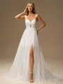 A-line Straps Pleated Court Train 30D Chiffon Wedding Dress