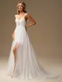 A-line Straps Pleated Court Train 30D Chiffon Wedding Dress