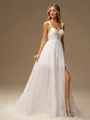 A-line Straps Pleated Court Train 30D Chiffon Wedding Dress
