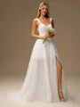 A-line Straps Pleated Court Train 30D Chiffon Wedding Dress