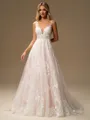 A-line Scoop Appliques Lace Sweep Train Tulle Wedding Dress