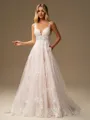 A-line Scoop Appliques Lace Sweep Train Tulle Wedding Dress