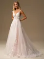 A-line Scoop Appliques Lace Sweep Train Tulle Wedding Dress