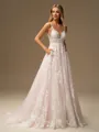 A-line Scoop Appliques Lace Sweep Train Tulle Wedding Dress