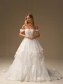A-line Off-the-Shoulder Appliques Lace Court Train Tulle Corset Wedding Dress