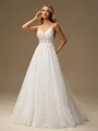 A-line V-neck Appliques Lace Sweep Train Tulle Wedding Dress