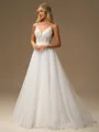 A-line V-neck Appliques Lace Sweep Train Tulle Wedding Dress