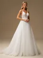 A-line V-neck Appliques Lace Sweep Train Tulle Wedding Dress