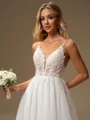 A-line V-neck Appliques Lace Sweep Train Tulle Wedding Dress