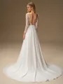 A-line Scoop Long Sleeves Appliques Lace Court Train Chiffon Wedding Dress