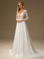 A-line Scoop Long Sleeves Appliques Lace Court Train Chiffon Wedding Dress