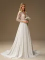 A-line Scoop Long Sleeves Appliques Lace Court Train Chiffon Wedding Dress