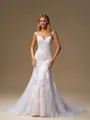 Mermaid V-neck Appliques Lace Chapel Train Tulle Wedding Dress