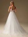 A-line V-neck Appliques Lace Sweep Train Tulle Wedding Dress