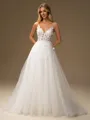 A-line V-neck Appliques Lace Sweep Train Tulle Wedding Dress