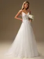 A-line V-neck Appliques Lace Sweep Train Tulle Wedding Dress