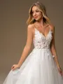 A-line V-neck Appliques Lace Sweep Train Tulle Wedding Dress