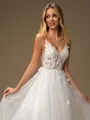 A-line V-neck Appliques Lace Sweep Train Tulle Wedding Dress