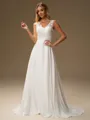 A-line V-neck Appliques Lace Sweep Train Chiffon Wedding Dress