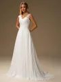 A-line V-neck Appliques Lace Sweep Train Chiffon Wedding Dress
