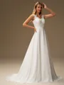A-line V-neck Appliques Lace Sweep Train Chiffon Wedding Dress