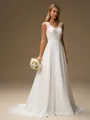 A-line V-neck Appliques Lace Sweep Train Chiffon Wedding Dress