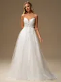 A-line Spaghetti Straps Appliques Lace Sweep Train Tulle Wedding Dress