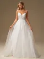 A-line Spaghetti Straps Appliques Lace Sweep Train Tulle Wedding Dress