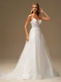 A-line Spaghetti Straps Appliques Lace Sweep Train Tulle Wedding Dress