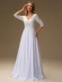 A-line V-neck 3/4 Sleeves Appliques Lace Floor-Length Chiffon Wedding Dress