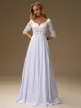 A-line V-neck 3/4 Sleeves Appliques Lace Floor-Length Chiffon Wedding Dress