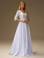 A-line V-neck 3/4 Sleeves Appliques Lace Floor-Length Chiffon Wedding Dress