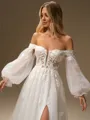 A-line Sweetheart Long Sleeves Appliques Lace Chapel Train Tulle Corset Wedding Dress