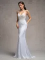 Sheath V-neck Appliques Lace Sweep Train Satin Chiffon Wedding Dress