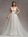 A-line V-neck Appliques Lace Chapel Train Tulle Wedding Dress