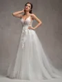 A-line V-neck Appliques Lace Chapel Train Tulle Wedding Dress