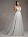 A-line V-neck Appliques Lace Chapel Train Tulle Wedding Dress