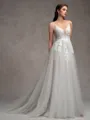 A-line V-neck Appliques Lace Chapel Train Tulle Wedding Dress