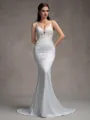 Sheath V-neck Appliques Lace Sweep Train Charmeuse Wedding Dress