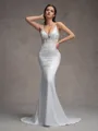 Sheath V-neck Appliques Lace Sweep Train Charmeuse Wedding Dress